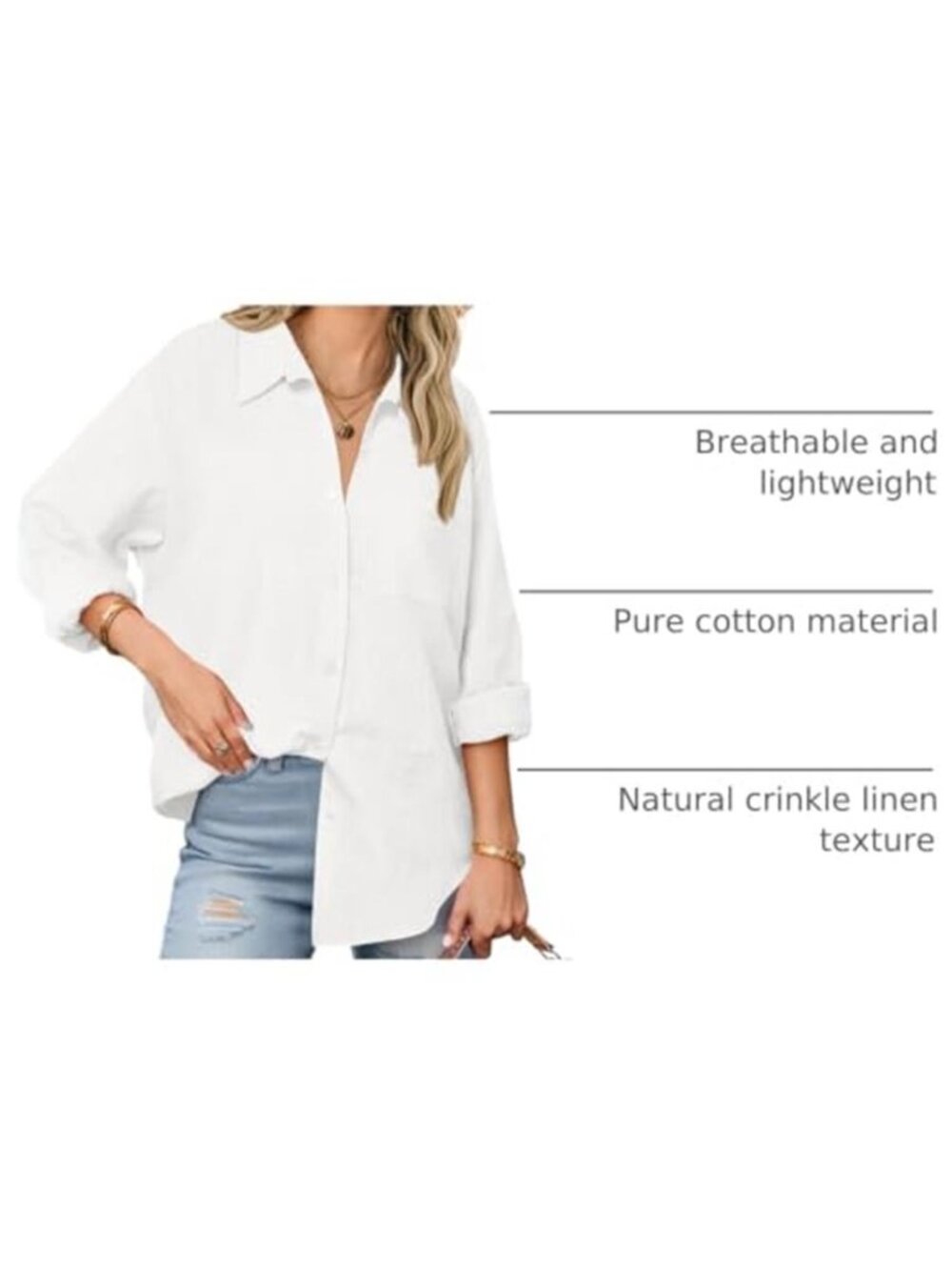 Womens Cotton Button Down Shirt Long Sleeve Collared Casual Blouse Lightweight - Picture 4 of 6